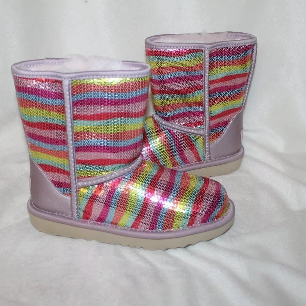 NIB UGG‎ GIRL'S YOUTH SEQUIN RAINBOW CLASSIC SHORT SHEARLING LINED BOOTS
